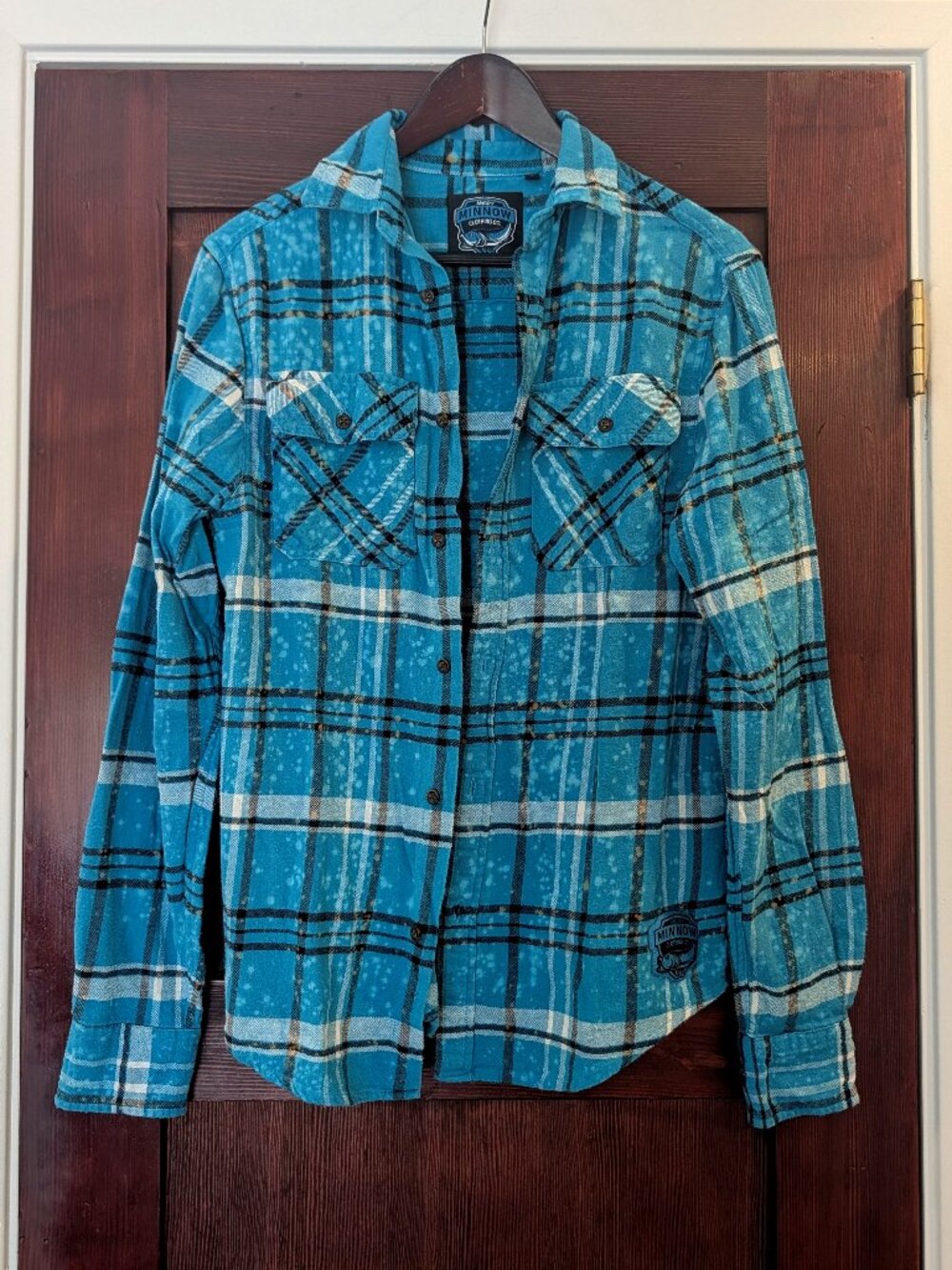 Small Turquoise Plaid Angry Minnow Vintage Sea Turtle Art Flannel 100% Cotton